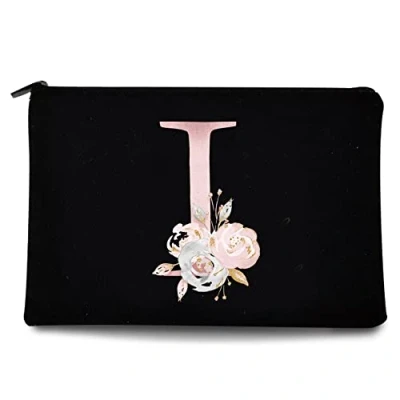 Image of 26 Letter Printed Zip Canvas Pouch Makeup Bag Make Up Bag, Cosmetic Travel Bag,Toiletry Bag,Organizer Bags,Toiletry Bags, Bride Bridesmaid Bag,Pencil Bag,Wash Bag,Coin Purse (Pink Flower I)
