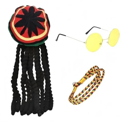 Image of SDXCJY Rasta Set,Authentic Jamaican Dreadlocks Wig Hat, Yellow Glasses &amp; Braided Bracelet for Parties, Cosplay Masquerade (Colorful)