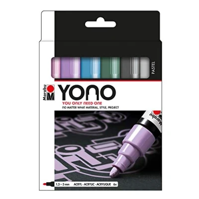 Image of Marabu Yono Marker Pen, Bullet Tip, (1.5 3mm), Pastels, (033, 226, 256, 159, 078, 070), Pack Of 6, Works On Any Surface, Metal, Glass, Wood, Fabric, Stone, Plastic, Cardboard