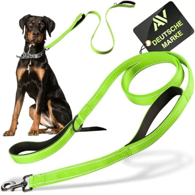 Image of Reflective dog leash with integrated short lead 2 hand friendly padded loops 1.5 meter long reflector nylon for large and medium sized dogs neon green