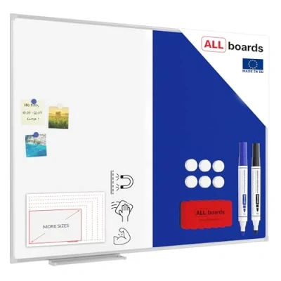 Image of ALLboards Combination Board 2 in 1 Whiteboard &amp; Blue Felt with Aluminium Frame 120x90cm, Pin Magnetic