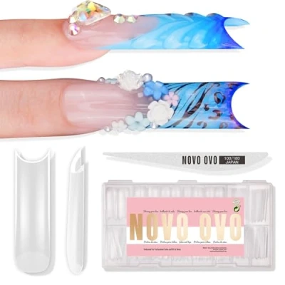Image of NOVO OVO XXL Square Nail Tips with Sharp Point &amp; Moon Curve, Extra Thick False Nails Press on, matte Full Cover Soft Gel Extension Fake Acrylic kit French Tip X 15 Size 180pcs