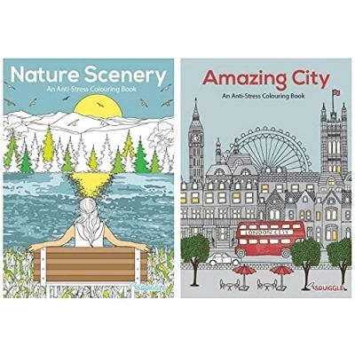 Image of Squiggle Anti Stress Adult Colouring Books, Amazing City &amp; Nature Scenery Set of 2, White