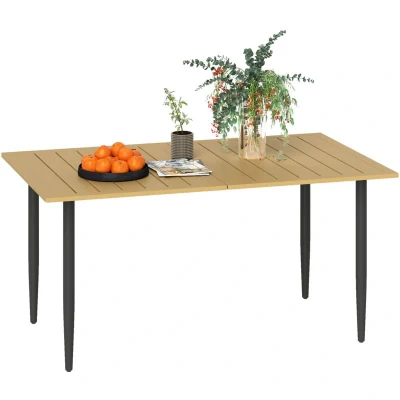Image of Outsunny Garden Dining Table for 6 Person, Rectangle Outdoor Coffee with 5 cm Parasol Hole, Slatted Tabletop and Steel Frame Patio Balcony, Brown
