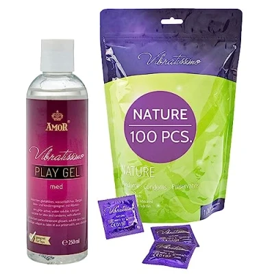Image of VIBRATISSIMO Condoms Nature 100 Pack &amp; Lubricant Set I Extra Lubricated Condom Box for Men Thin Wall Thickness Natural Colors Feel Ultra Sensitive w=53mm