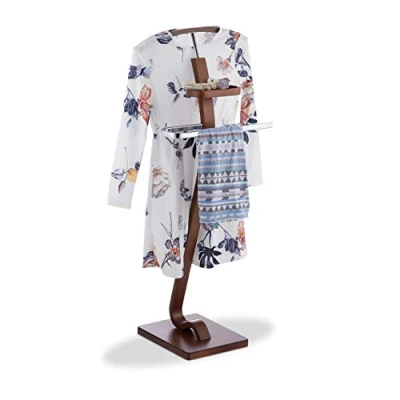 Image of Relaxdays Valet Stand with Walnut Look, Wooden &amp; Metal Butler, Clothes Rack, Dark Brown, HWD 112 x 46.5 33 cm
