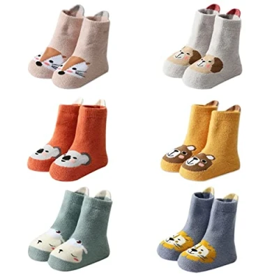 Image of FedMois 6 Pairs Baby Kids Cozy Warm Winter Socks Anti slip Infant Toddler Thermal Crew Socks, animals, 1 3 Years
