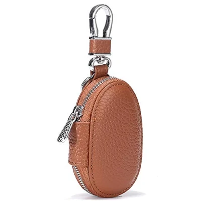 Image of Aileder Car Key Chain Bag Genuine Leather Smart Keyless Entry Fob Keychain Holder Zipper Remote Control Case Cover Protector Pouch Keyring Wallet for Men and Women (Brown)
