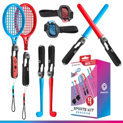 Image of Oniverse Nintendo Switch Sports Accessories Bundle, 12 in 1 kit for sports, Tennis racket, Chambara swords, Golf clubs, Leg strap, Wrist strap and universal grip Joy Con controller