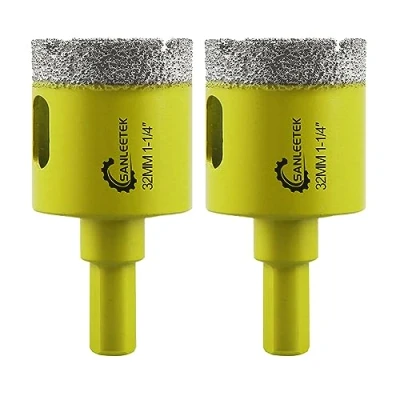 Image of Dry Diamond Core Drill Bits 2pcs 32mm SANLEETEK Hole Saw with Triangle Shank for Ceramic Porcelain Tile Granite Marble Quartz Stoneware