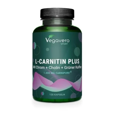 Image of Vegavero L Carnitine with Choline, Chromium, B Vitamins and Green Coffee Bean Extract NO Additives Pre Workout, Weight Management &amp; Muscle Recovery* 120 Capsules Vegan
