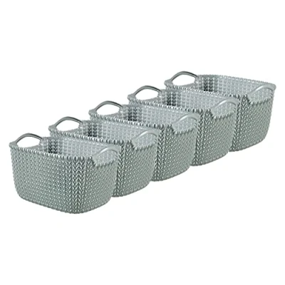 Image of Curver Knit Effect Set of 5 Kitchen, Living room, Bathroom, Bedroom, Utility Small Rectangular Storage Baskets 8 Litres Misty Blue