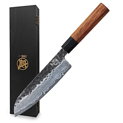 Image of MITSUMOTO SAKARI Professional Japanese Knife, 7 inch Hand Forged Santoku Kitchen Knives, High Carbon Stainless Steel Chef Cooking Knife (Rosewood Handle &amp; Sandalwood Box)