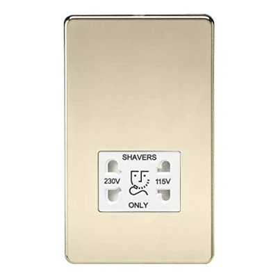 Image of Knightsbridge Screwless Dual Voltage Shaver Socket in Polished Brass with White Insert