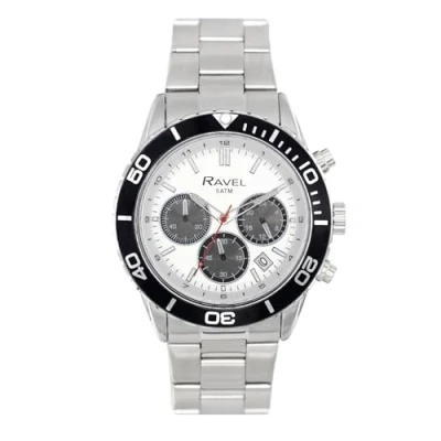 Image of Ravel Plus Men&#039;s 42mm Silver Tone Chronograph Sports Watch with Uni Directional Rotating Bezel 5ATM Japanese Analogue Quartz RP.CHR 008MB Stainless Steel/Black Bezel/Silver Dial