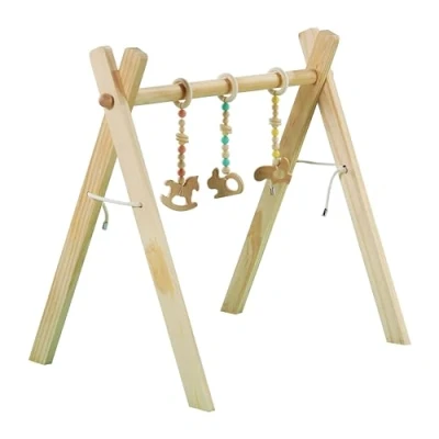 Image of Kinder Valley Wooden Baby Play Gym Foldable with 3 Engaging Toys, Activity Suitable from Birth Toys for Sensory Development Newborn Gift Girl and Boy