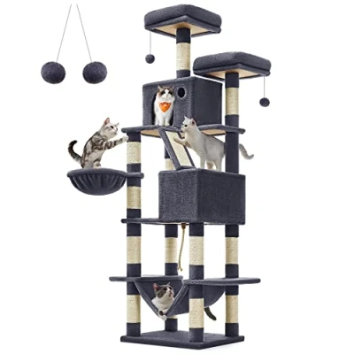 Image of Feandrea Cat Tree, 206 cm Large Tower with 13 Scratching Posts, 1 Ramp, 2 Perches, Caves, Basket, Hammock, Pompoms, Multi Level Plush Condo for Indoor Cats, Smoky Grey PCT190G01