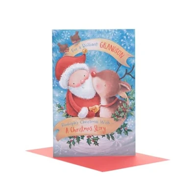 Image of UK Greetings Grandson Christmas Card Cute for Kids Santa and Reindeer Gift Boys Gifts