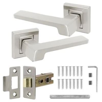 Image of Decoranddecor Brushed Chrome Door Handles &amp; Latch Kit Lever On Solid Metal Square Rose