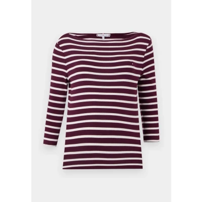 Image of Tommy Hilfiger Women’s Long Sleeve Slim Fit New Cody Top with Boat Neck, Multicolor (Deep Burgundy/Ecru STP), S