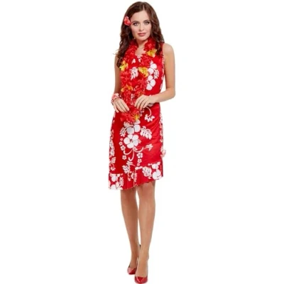 Image of Smiffys Hawaiian Beauty Costume, Red with Dress, Hairpiece and Bracelet, Luau Fancy Dress Up Costumes