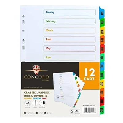 Image of A4 Divider 12 Part Printed Jan Dec Coloured Mylar Tabs Multi Punched White Ref 20274 Set