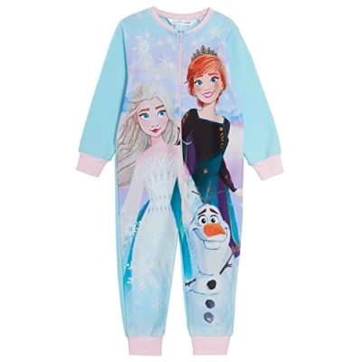 Image of Disney Frozen 2 Onesie For Girls Pyjamas Fleece All In One Kids Pjs Elsa Anna Zipped Loungewear Blue