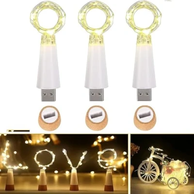 Image of Ceepko USB Bottle Lights Rechargeable Waterproof Wine Bottles String 59 Inch 15 LEDs Cork Fairy for DIY Party Christmas Decorations (3pack/Steady Warm White)