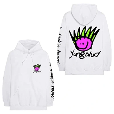 Image of Yungblud Hoodie Be Happy Face Logo Official White Pullover Unisex S