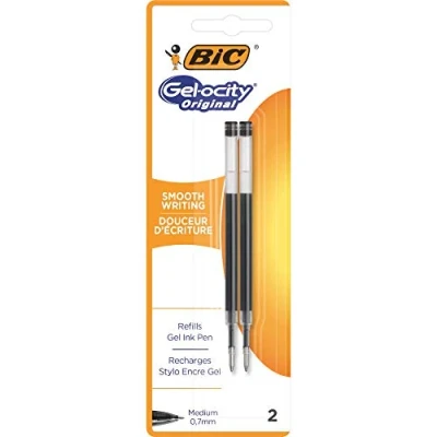 Image of BIC gel pen refill with medium 0.7mm line width and black ink, 2 refills per card.