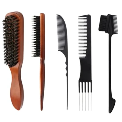Image of Boar Bristle Hair Brush, Brush for Men Women, 5 in 1 Soft with Crescent Comb Piece,Five Pin Piece and Eyebrow (Black)