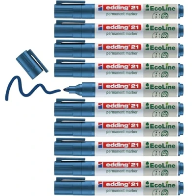 Image of edding 21 Ecoline permanent marker blue box of 10 round tip 1.5 3 mm waterproof, quick drying, smear proof pens for cardboard, plastic, glass, wood, metal and fabric refillable