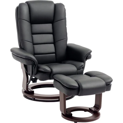 Image of HOMCOM Swivel Manual Recliner and Footrest Set PU Lounge Chair Wood Base, Black