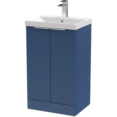 Image of Hudson Reed DFF323D Fluted Modern Bathroom Floor Standing 2 Door Vanity Basin Unit with Thin Edge Ceramic Basin, 500mm, Satin Blue