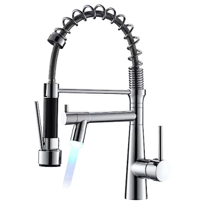 Image of TIMACO LED Kitchen Tap Chrome with Spiral Spring, 360 Swivel Sink Taps Two Spouts, &amp; Shower Extendible High Pressure