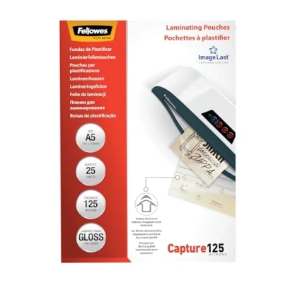 Image of Fellowes A5 Laminating Pouches, Gloss Finish, 25 Sheets, 250 Micron (2 x 125 Micron) High Quality Finish with Image Last Directional Mark Ideal for Photos, Notices and Everyday Use
