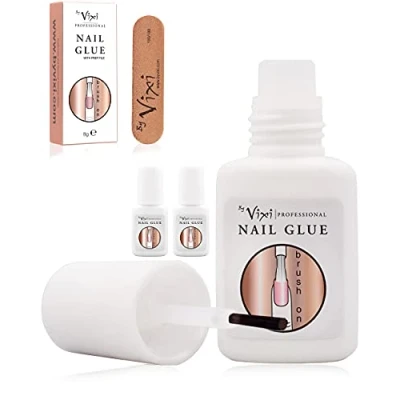 Image of 8ml x3 By Vixi EXTRA STRONG NAIL GLUE with BRUSH and FREE PREP FILE Clear Instant Dry Adhesive, Professional Salon Quality