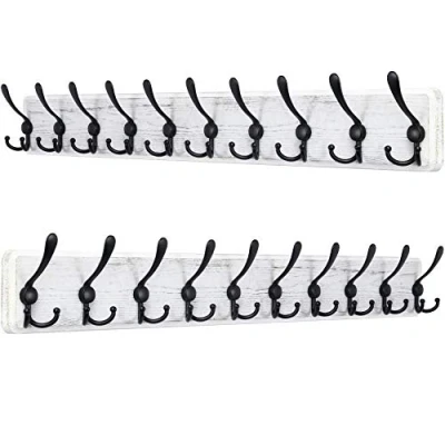 Image of SKOLOO Coat Rack Wall Mounted 38.3&#039;&#039; Long, Pack of 2, Wooden, Heavy Duty, Rustic Hooks for Wall, with 10 Triple Hanging Clothes, Jacket, Hat(Weathered White)