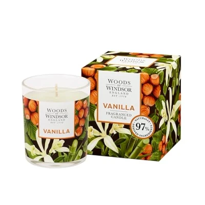 Image of Woods of Windsor Candle, Vanilla Soy Wax Candle with 33 Hour Burn Time, Warming Scented Notes Cinnamon and Hazelnut to Help Neutralise Odor, Scent 150g