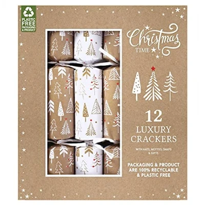 Image of Harvey &amp; Mason 12 Eco Friendly Christmas Crackers Brown And White Craft Card Recyclable Luxury Xmas Party Plastic Free
