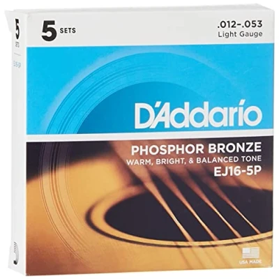 Image of D&#039;Addario Guitar Strings Phosphor Bronze Acoustic EJ16 5P Rich, Full Tonal Spectrum For 6 String Guitars 12 53 Light, 5 Pack