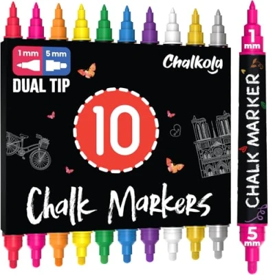 Image of Chalkola Dual Tip Liquid Chalk Markers for Blackboard (10 Pack, 1mm+5mm Fine, Bold Tip, w/Gold Silver) Wet Erase, Erasable Pens Chalkboard Signs, Car Windows, Calendar, Glass, Board