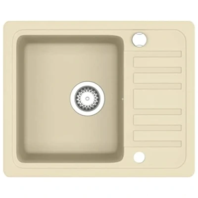 Image of vidaXL Granite Kitchen Sink, Easy to Assemble, Single Basin, Extra Deep, Reversible, Beige, Includes Basket Strainer, Heat, Scratch, Impact Resistant