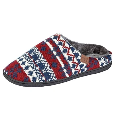 Image of Jo &amp; Joe New Mens Slip On Mules Tweed Fair Isles Nordic Knitted Warm Faux Fur Lined Slippers Size 7 12 (11 UK, Navy Gry Red)
