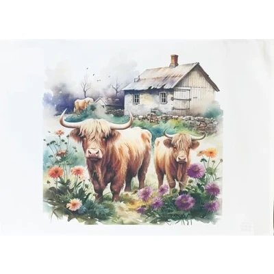 Image of Half a Donkey Cow &amp; Calf Down at the Farm. large cotton tea towel
