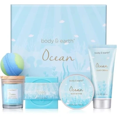 Image of Body &amp; EARTH Pamper Gifts for Women, 5 Pcs Ocean Bath Spa Gift Set Includes Scented Candle, Butter, Birthday Sets Christmas Women