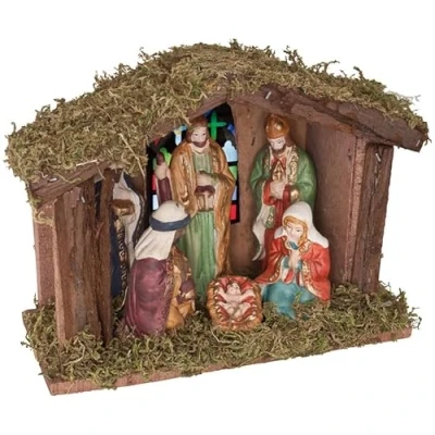 Image of Illuminated Christmas Nativity Scene Battery Operated Light Up LED Stable and Figurines Set