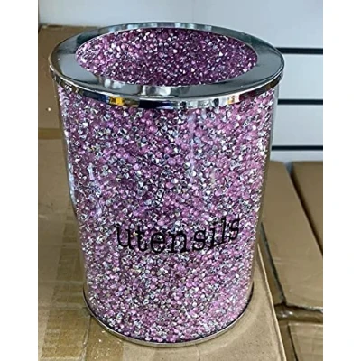 Image of Biznest Crushed Diamond Pink Crystal Utensil Jar, Extra Sparkly, Bling, Gift
