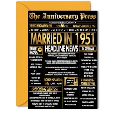 Image of Gold 74th Anniversary Card for Women Men Golden Newspaper Married in 1951 Happy 74 Year Wedding Husband Partner Wife Companion, 5x7 Inch Anniversaries Greeting Cards