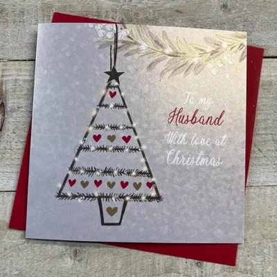 Image of WHITE COTTON CARDS HUSBAND TREE DECORATION CHRISTMAS CARD, HAND FINISHED (C23 54), 16cm x